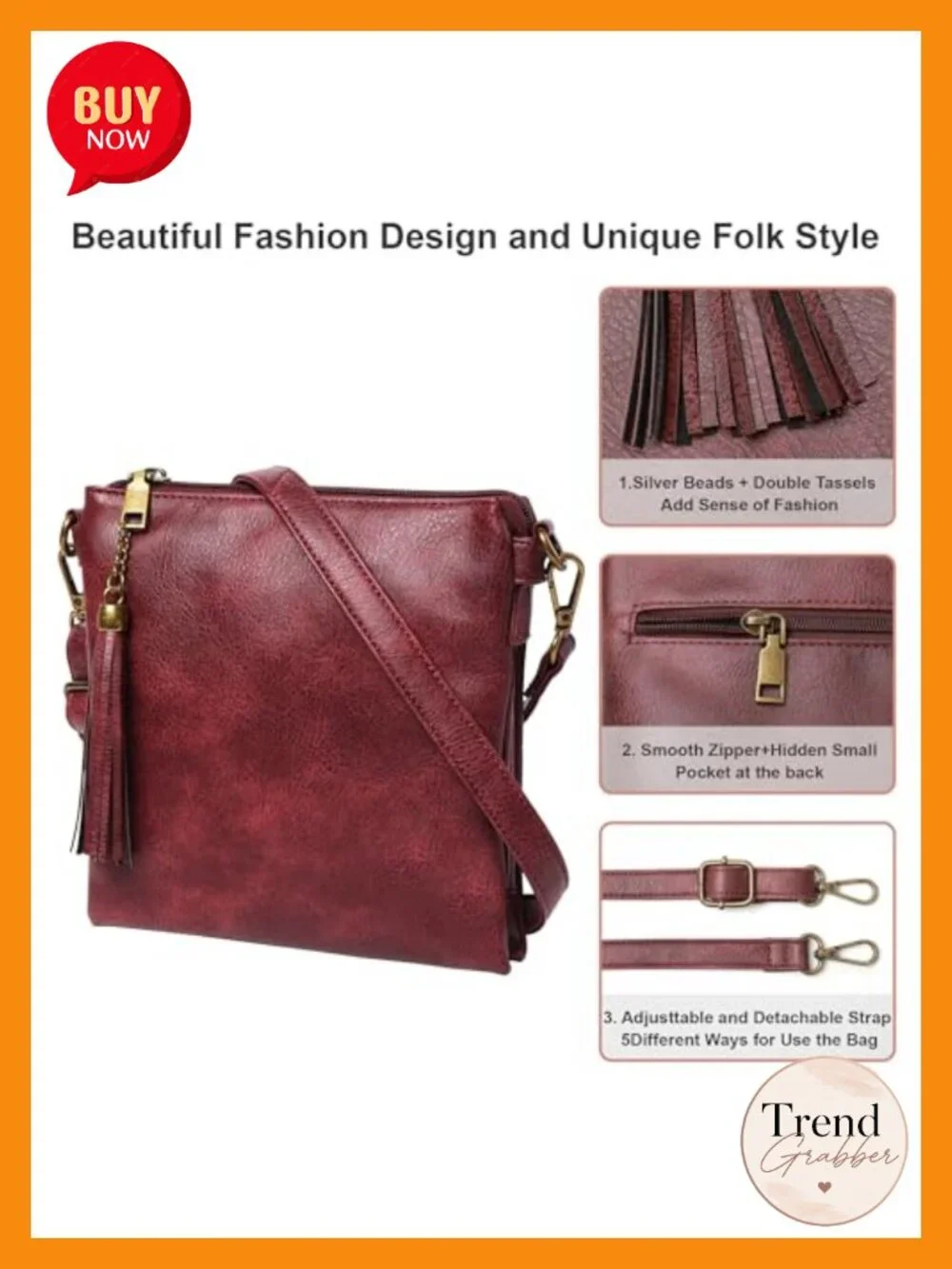 Vegan Leather Crossbody Purse Multi Pocket with Tassel